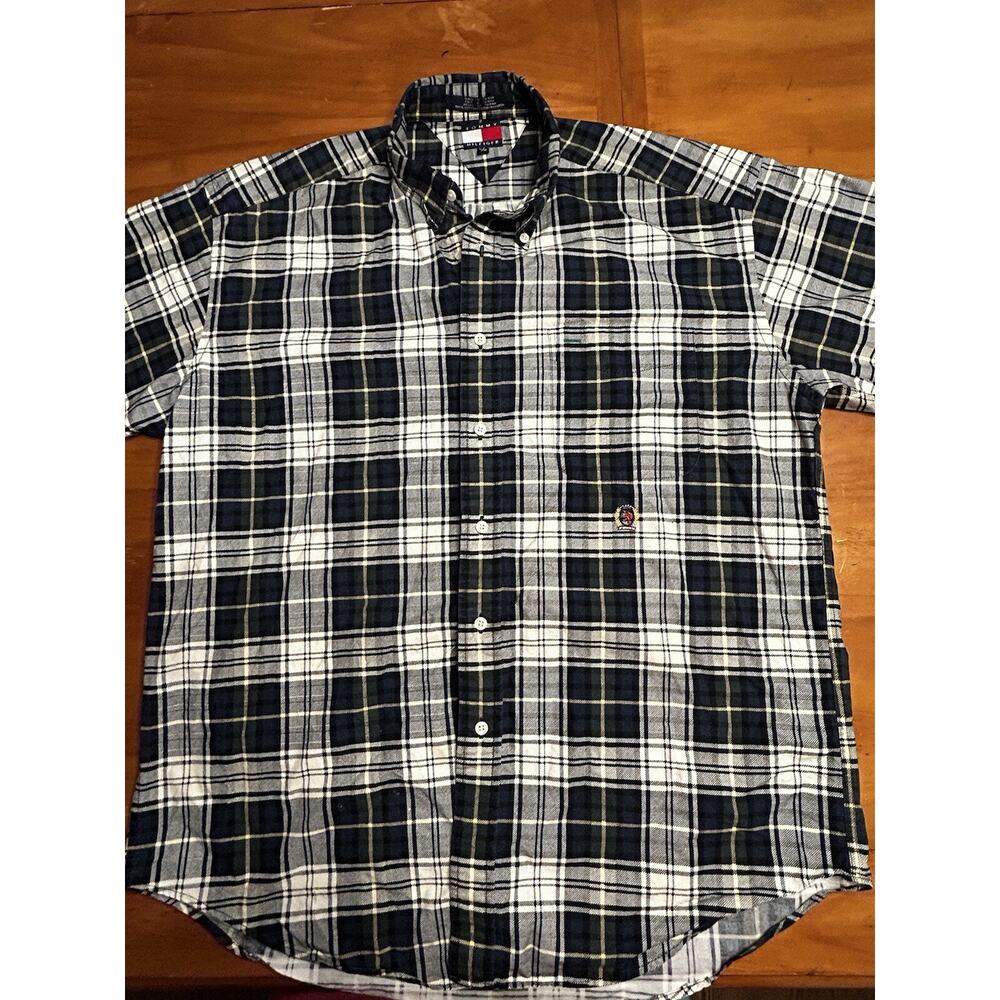 Vintage Tommy Hilfiger L/G Shirt Adult Medium Button Up Blue Plaid Short Sleeve